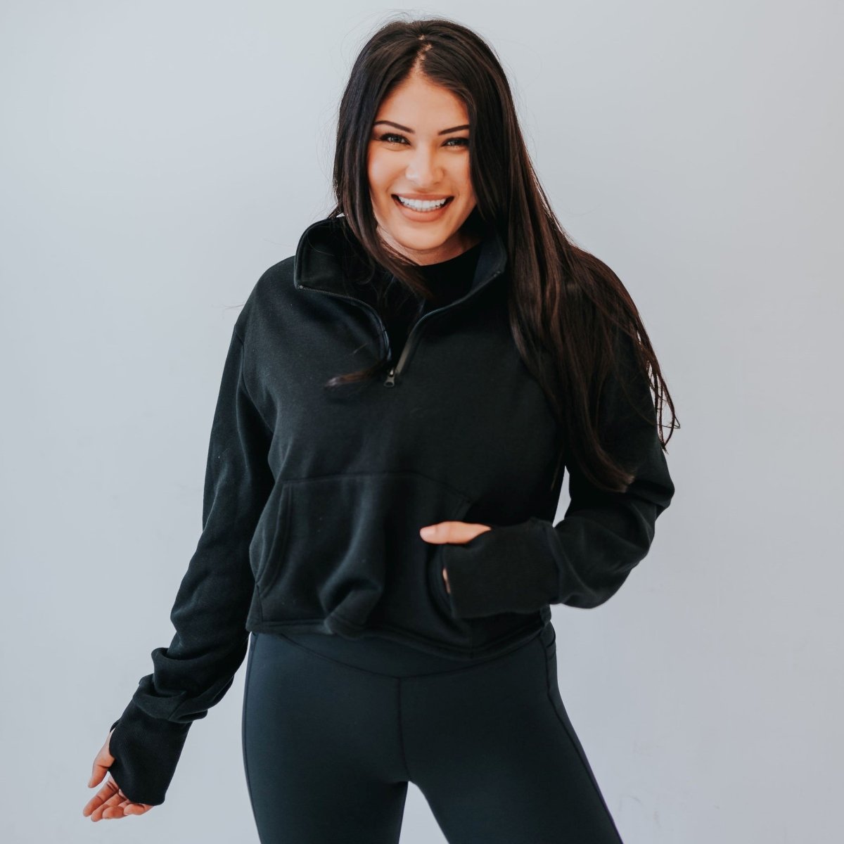 Hailey Cropped Half Zip - Black - Senita Athletics